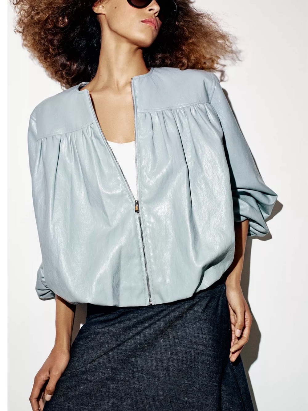 Zara - Like New! Faux Leather Ballon Zip Up Jacket Sky Blue